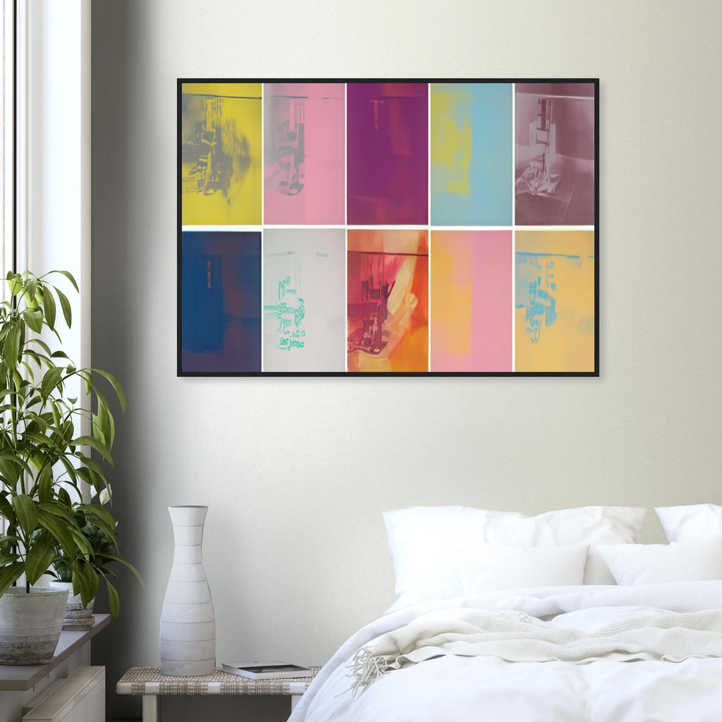 Andy Warhol framed print depicting the stark chair, its surroundings and the tense emptiness of the room, a detail that connects the composition to its broader artistic subject