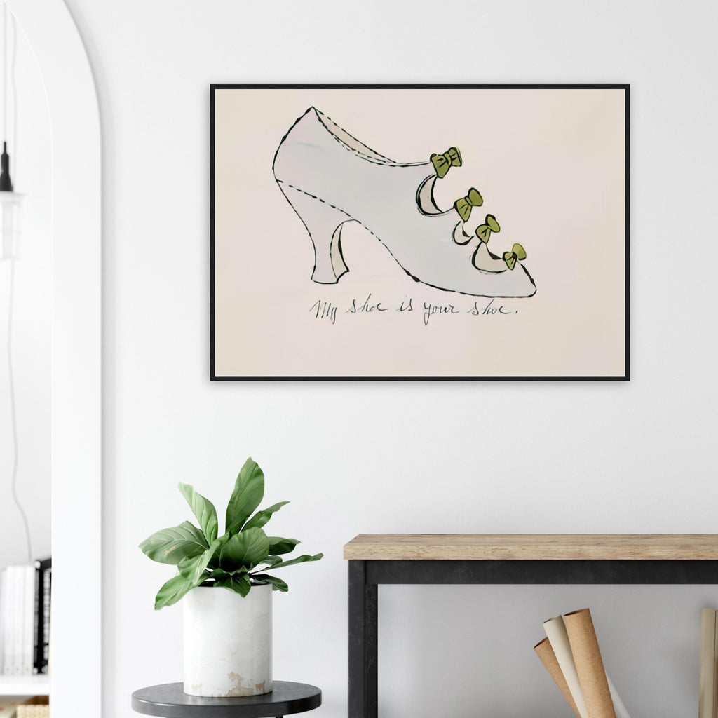 Andy Warhol framed print depicting playfully drawn footwear with expressive line work, a detail that connects the composition to its broader artistic subject