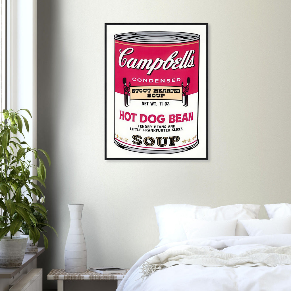 Andy Warhol framed print depicting the instantly legible soup-can silhouette, packaging lettering and product name create a highly recognizable commercial composition