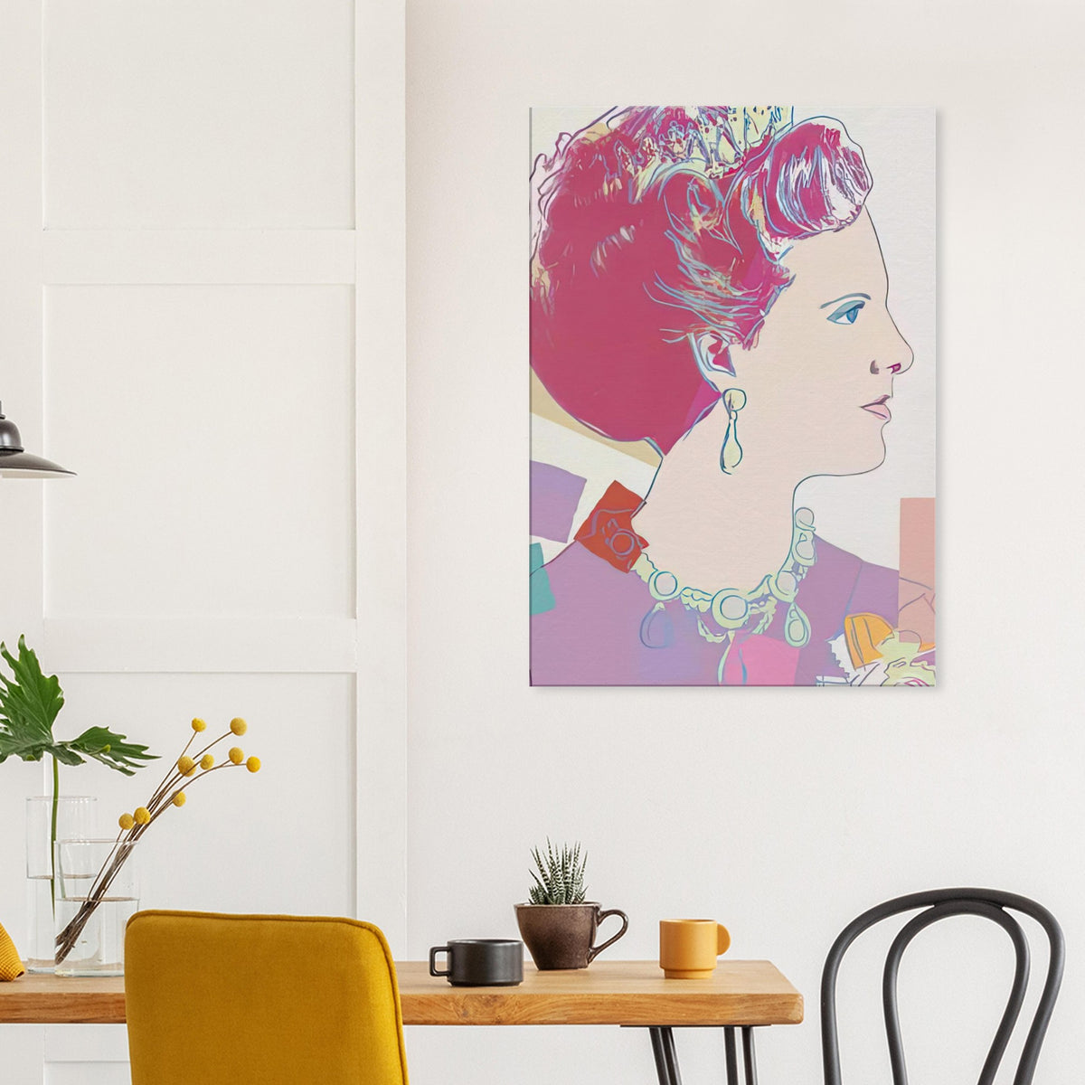 Andy Warhol canvas print depicting the recognizable royal portrait becomes a strong graphic focal point