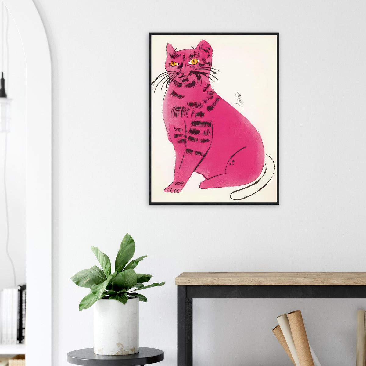 Andy Warhol framed print depicting a spare contour drawing gives the animal its personality, while uncomplicated forms keep the focus on the cat’s outline and pose