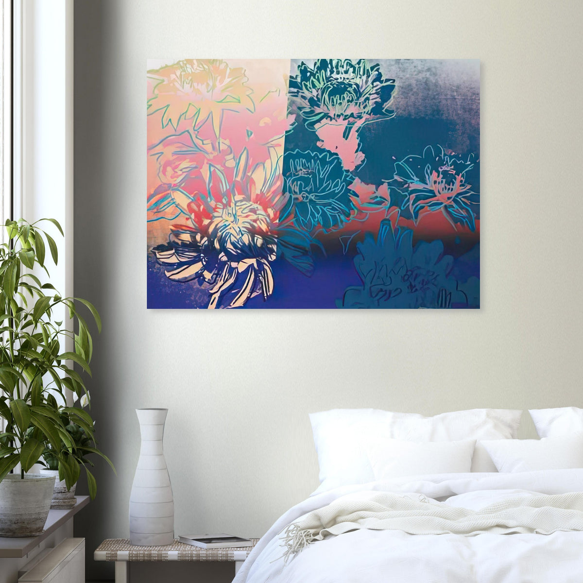 Andy Warhol poster depicting delicate flower forms and stylized petals, a detail that connects the composition to its broader artistic subject