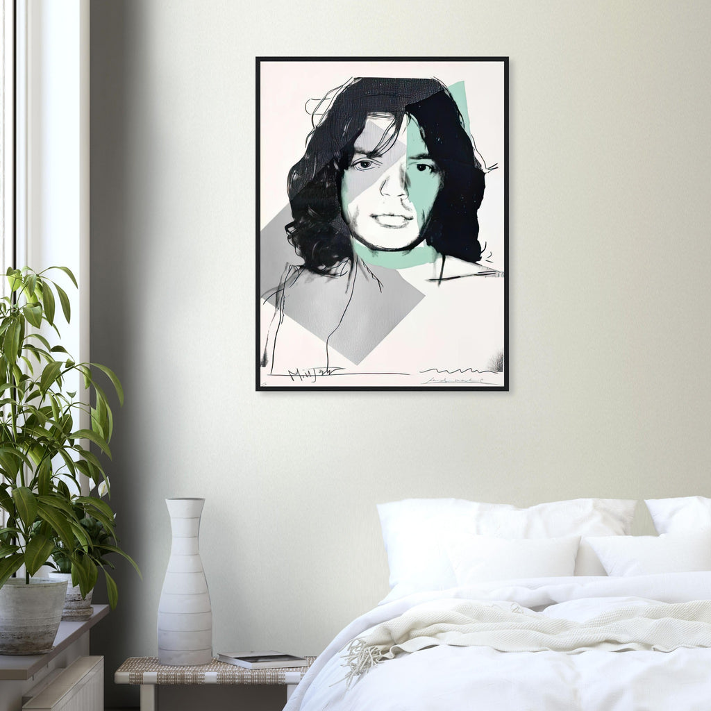 Andy Warhol framed print depicting a three-quarter portrait overlays green and grey colour fields; careful drawn contours place unusual emphasis on the singer’s eye; Warhol’s ten Mick Jagger portraits followed a long friendship with the Rolling Stones singer, including