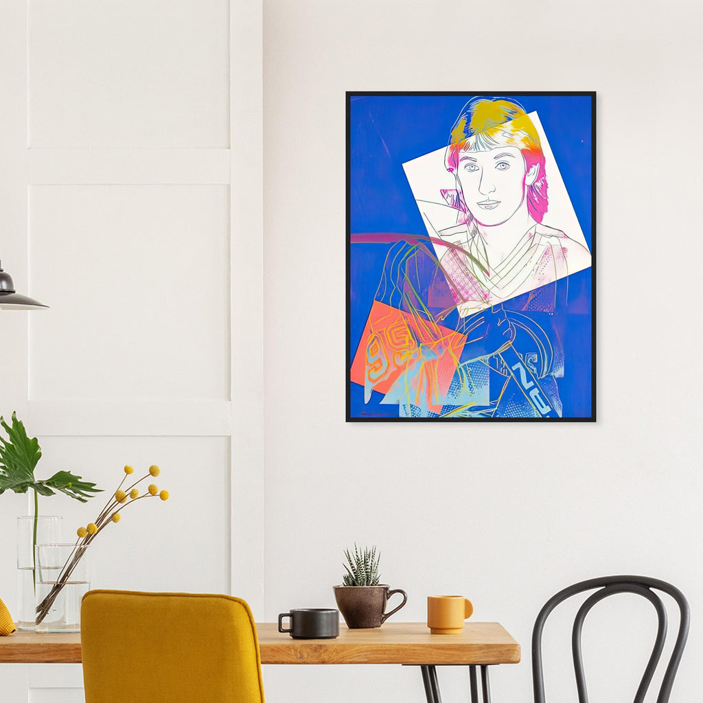 Andy Warhol framed print depicting a blue background and yellow linework frame layered imagery of Gretzky, emphasizing both his likeness and the rhythm of sport; Wayne Gretzky #99 presents the Canadian hockey player as a celebrity of sport