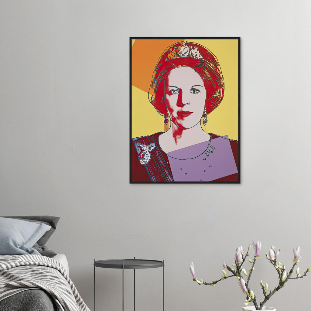 Andy Warhol framed print depicting this work depicts Queen Beatrix of the Netherlands; The Reigning Queens portfolio presented four women who held ruling power in their own right: Elizabeth
