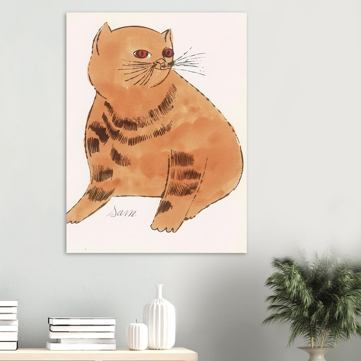 Andy Warhol poster depicting a spare contour drawing gives the animal its personality, while uncomplicated forms keep the focus on the cat’s outline and pose