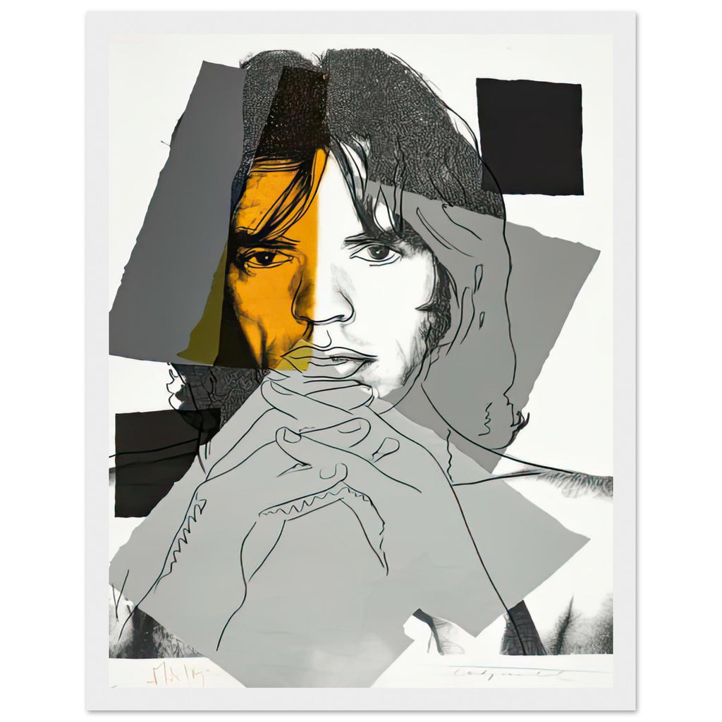 Andy Warhol framed print depicting photographic tones are interrupted by hand-drawn contours, selective colour blocks and cropped facial and bodily details; Warhol’s ten Mick Jagger portraits followed a long friendship with the Rolling Stones singer, including, white frame, 27x35 cm / 11x14″