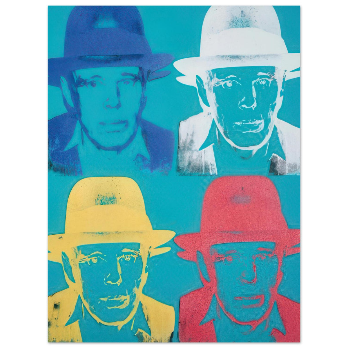 Andy Warhol poster depicting the portrait is direct and intense: the hat and centered face make Beuys recognizable, while the print’s graphic treatment pushes the likeness toward iconography, 15x20 cm / 6x8″
