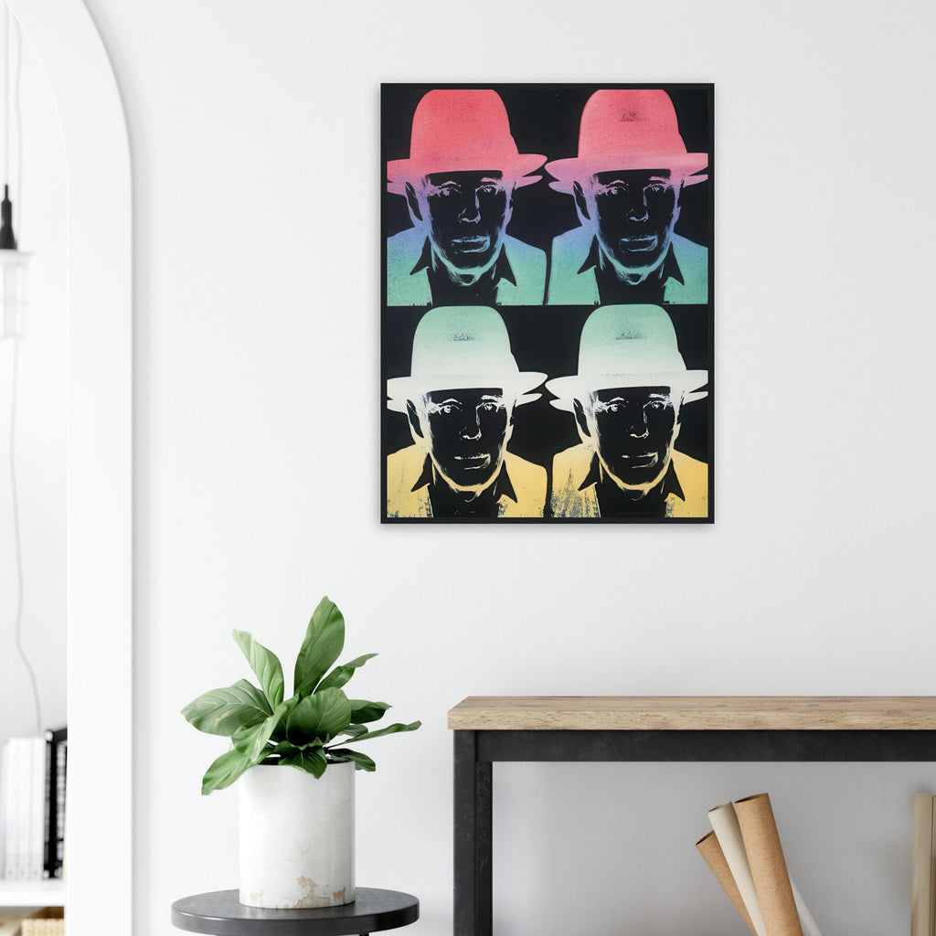 Andy Warhol framed print depicting beuys faces the viewer wearing his characteristic brimmed felt hat; Warhol portrayed fellow artist Joseph Beuys after photographing him in 1979