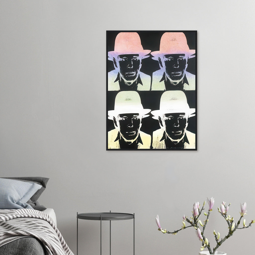 Andy Warhol framed print depicting dark facial areas are crossed by pastel ombré highlights, with the hat and jacket emerging from near-black tones; Warhol portrayed fellow artist Joseph Beuys after photographing him in 1979