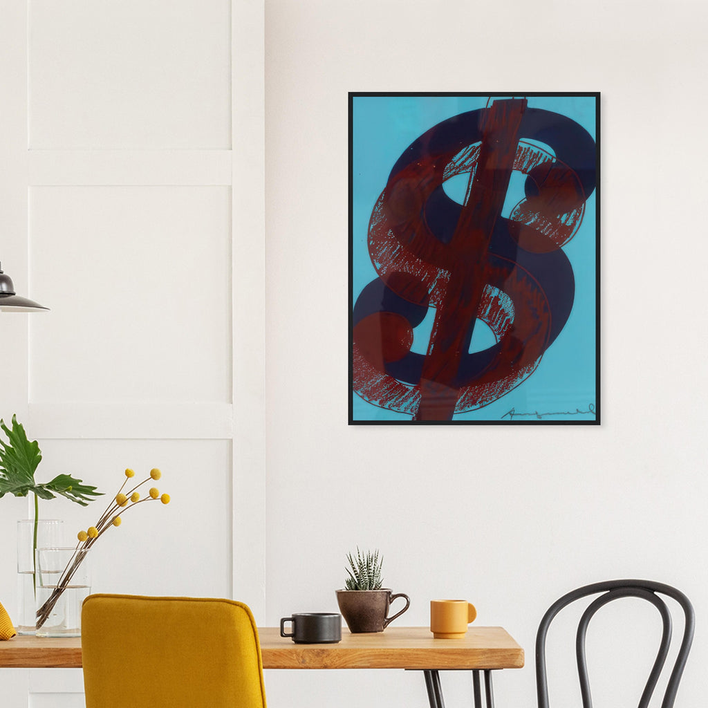 Andy Warhol framed print depicting the repeated or isolated currency mark operates like a logo: simple, recognizable and assertive