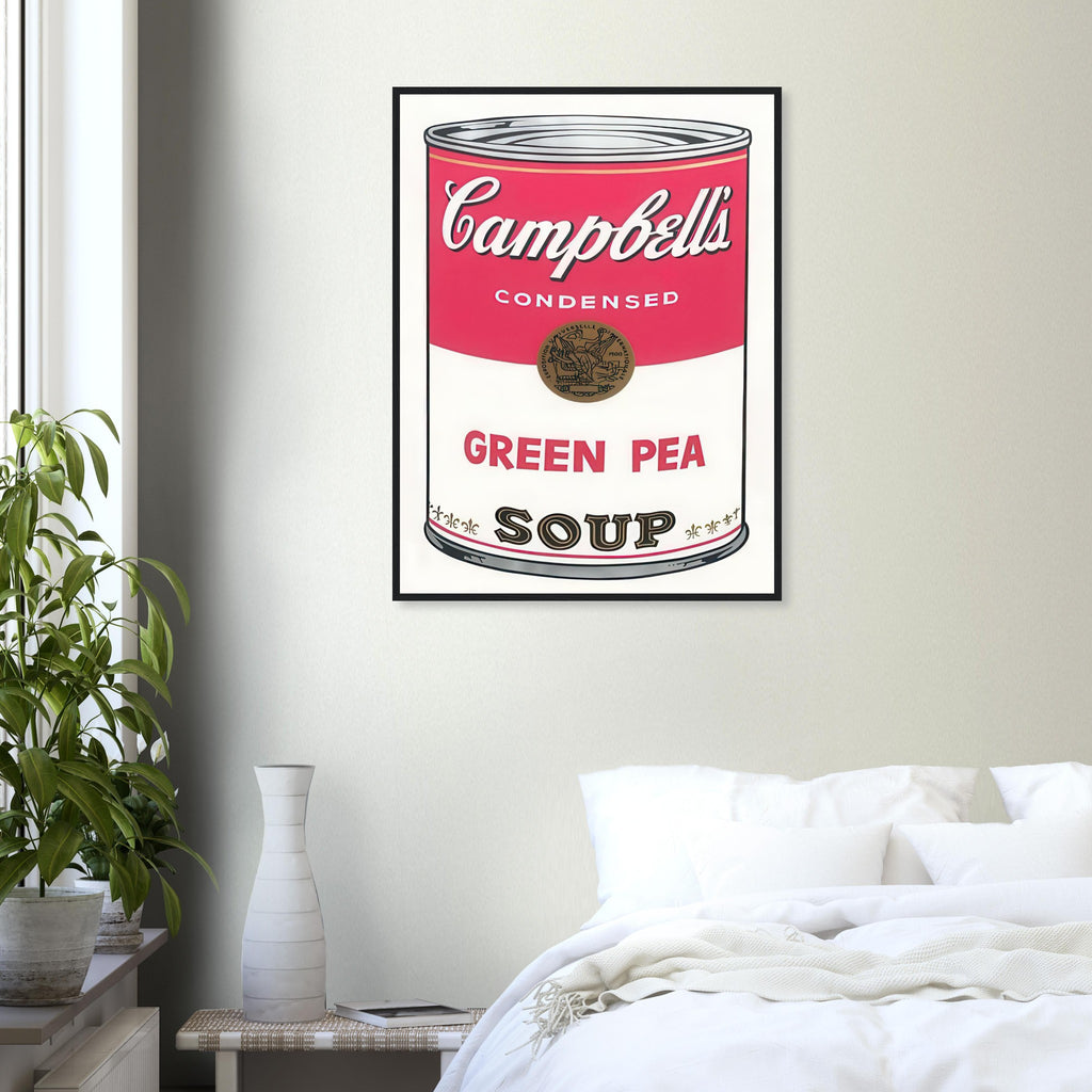 Andy Warhol framed print depicting the instantly legible soup-can silhouette, packaging lettering and product name create a highly recognizable commercial composition