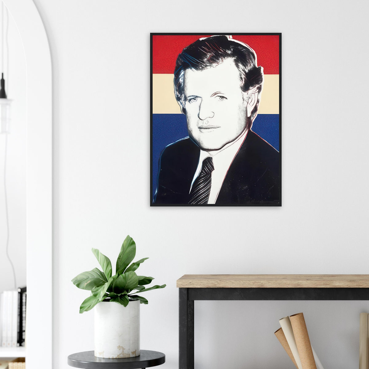 Andy Warhol framed print depicting the sitter’s recognizable face directs attention toward public image, personality and the graphic simplification of photographic portraiture