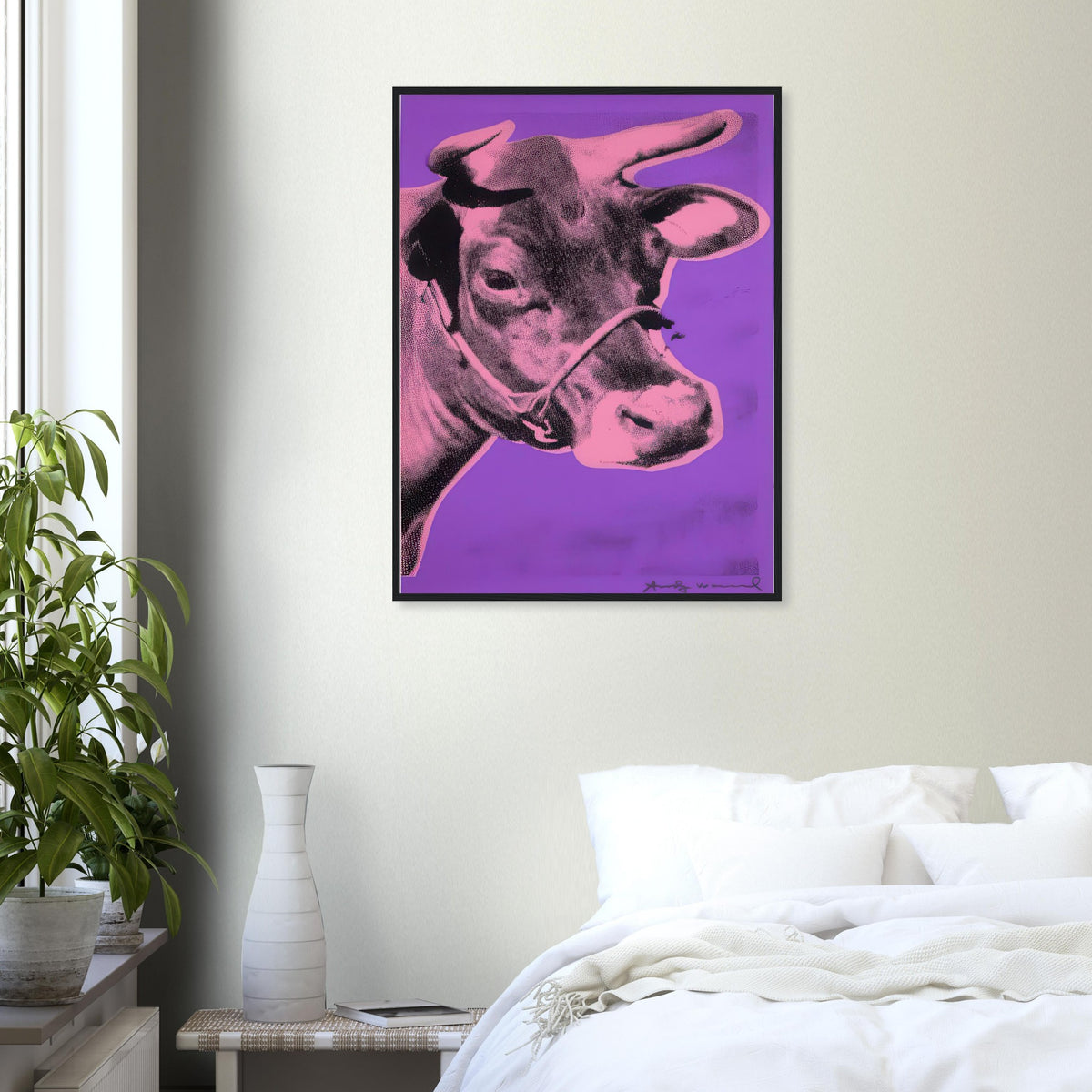 Andy Warhol framed print depicting the cow’s face becomes a bold graphic presence, replacing the gentle mood of traditional animal painting with irreverent visual impact