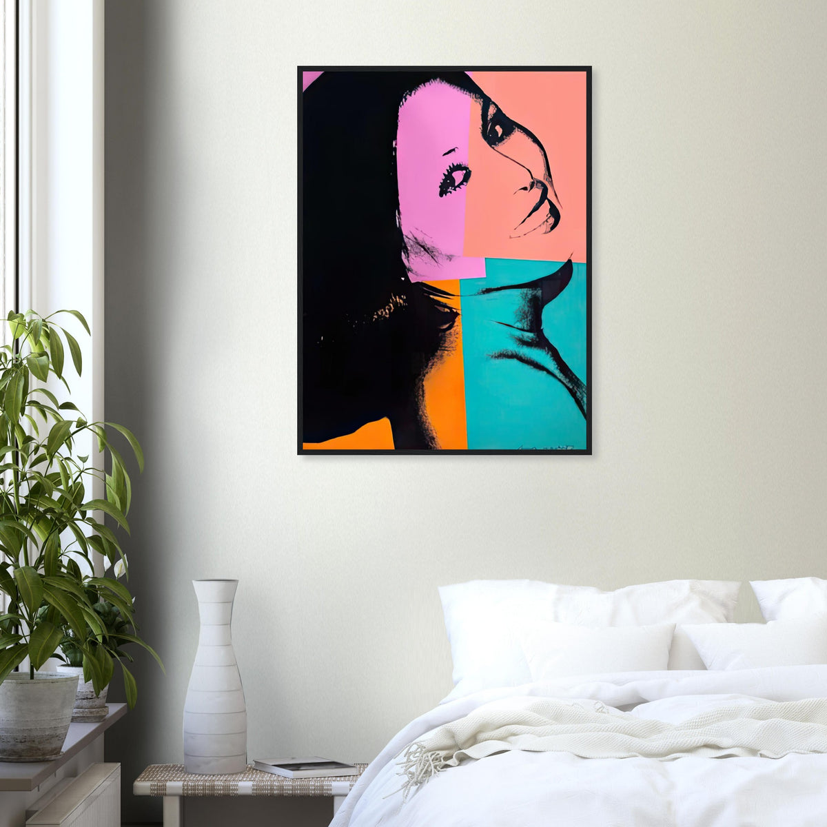 Andy Warhol framed print depicting pink, orange and turquoise blocks divide Sachiko’s relaxed, smiling photographic image into uneven sections; Sachiko Goodman, a New York real estate broker and art collector, was part of Warhol’s social circle
