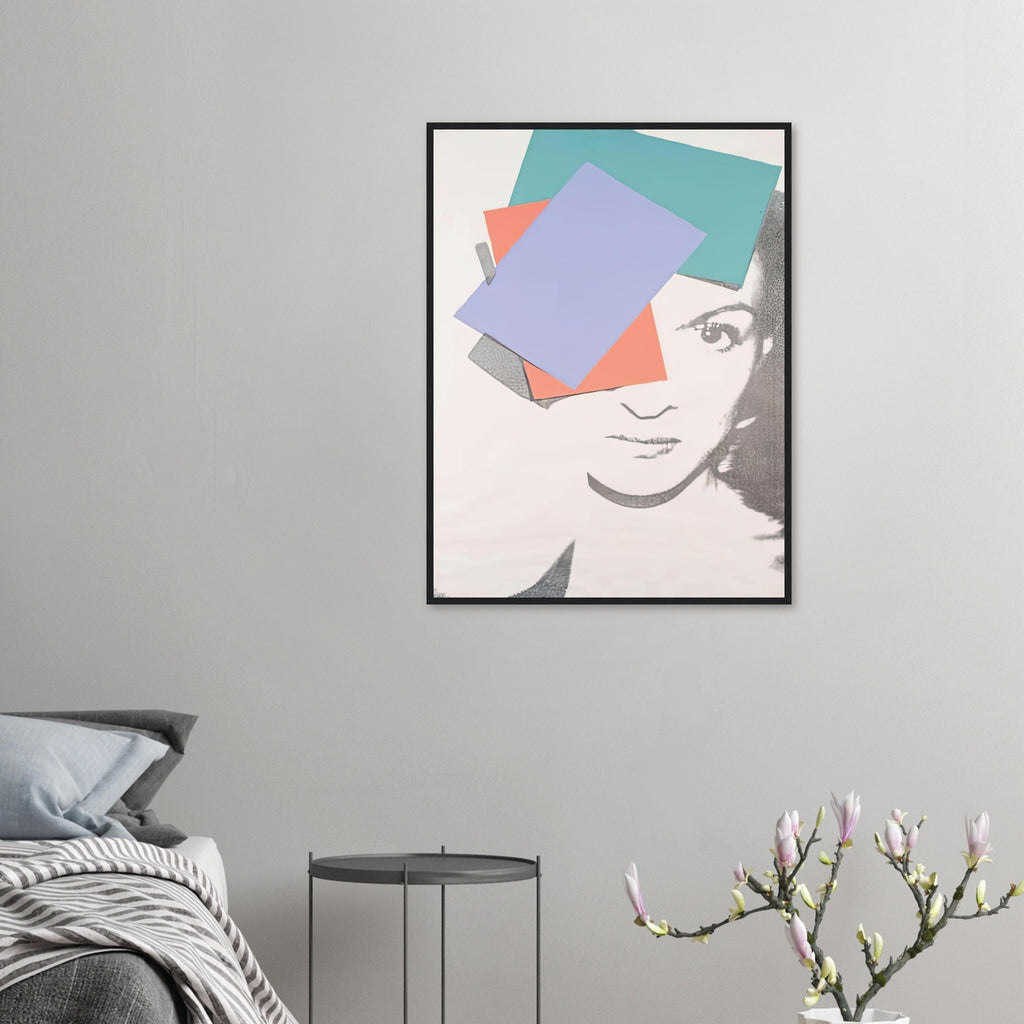 Andy Warhol framed print depicting the central face is treated as a graphic emblem, with selective contour and colour drawing attention to the sitter’s expression and composed presence; Paloma Picasso, daughter of Pablo Picasso, was a figure in the international fashion and art worlds