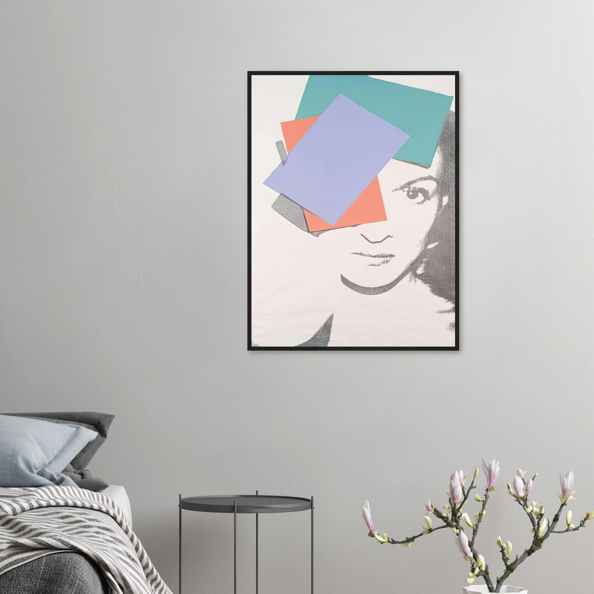 Andy Warhol framed print depicting the central face is treated as a graphic emblem, with selective contour and colour drawing attention to the sitter’s expression and composed presence; Paloma Picasso, daughter of Pablo Picasso, was a figure in the international fashion and art worlds