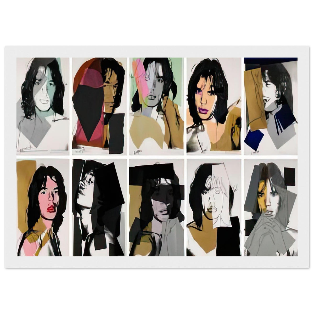 Andy Warhol framed print depicting close-up rock-star portraiture and layered graphic contours, a detail that connects the composition to its broader artistic subject, white frame, 21x29.7 cm / 8x12"