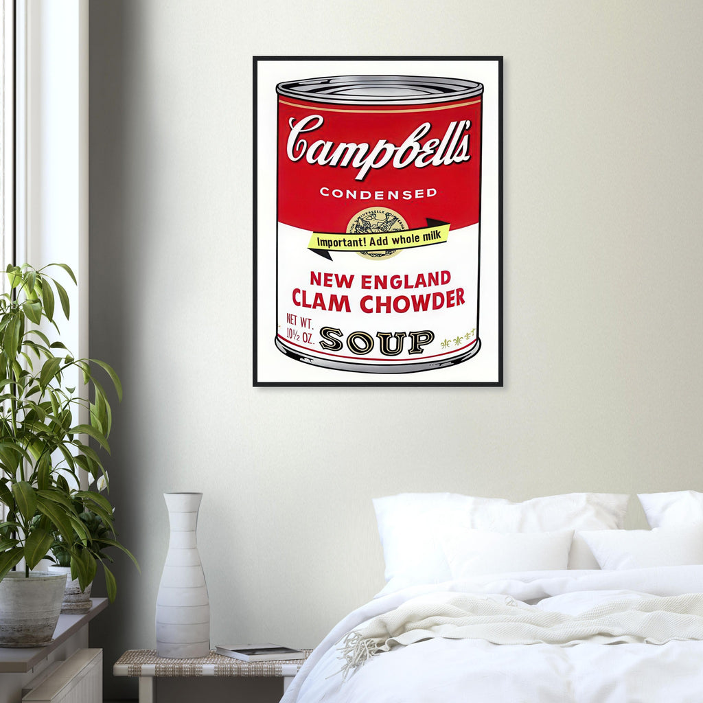 Andy Warhol framed print depicting the instantly legible soup-can silhouette, packaging lettering and product name create a highly recognizable commercial composition