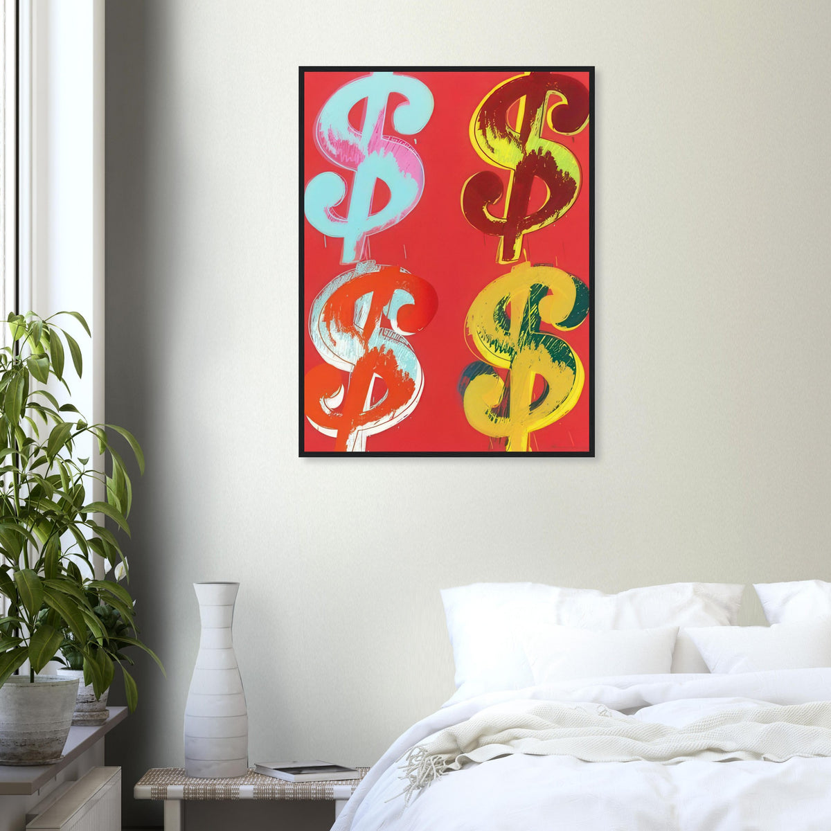 Andy Warhol framed print depicting the repeated or isolated currency mark operates like a logo: simple, recognizable and assertive