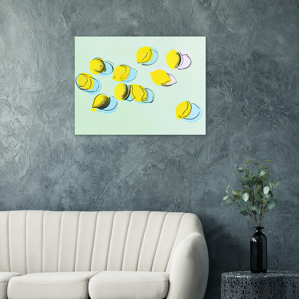 Andy Warhol poster depicting rounded fruit forms, expressive edges and the recognizable shapes of lemons, a detail that connects the composition to its broader artistic subject