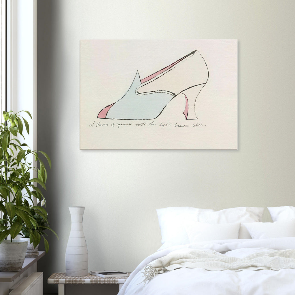 Andy Warhol canvas print depicting playfully drawn footwear with expressive line work, a detail that connects the composition to its broader artistic subject