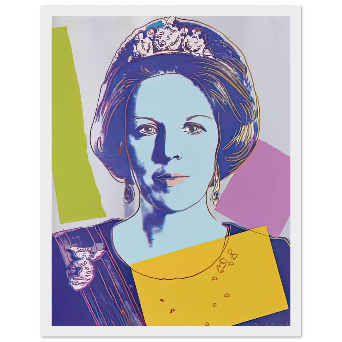 Andy Warhol framed print depicting this work depicts Queen Beatrix of the Netherlands; The Reigning Queens portfolio presented four women who held ruling power in their own right: Elizabeth, white frame, 27x35 cm / 11x14″