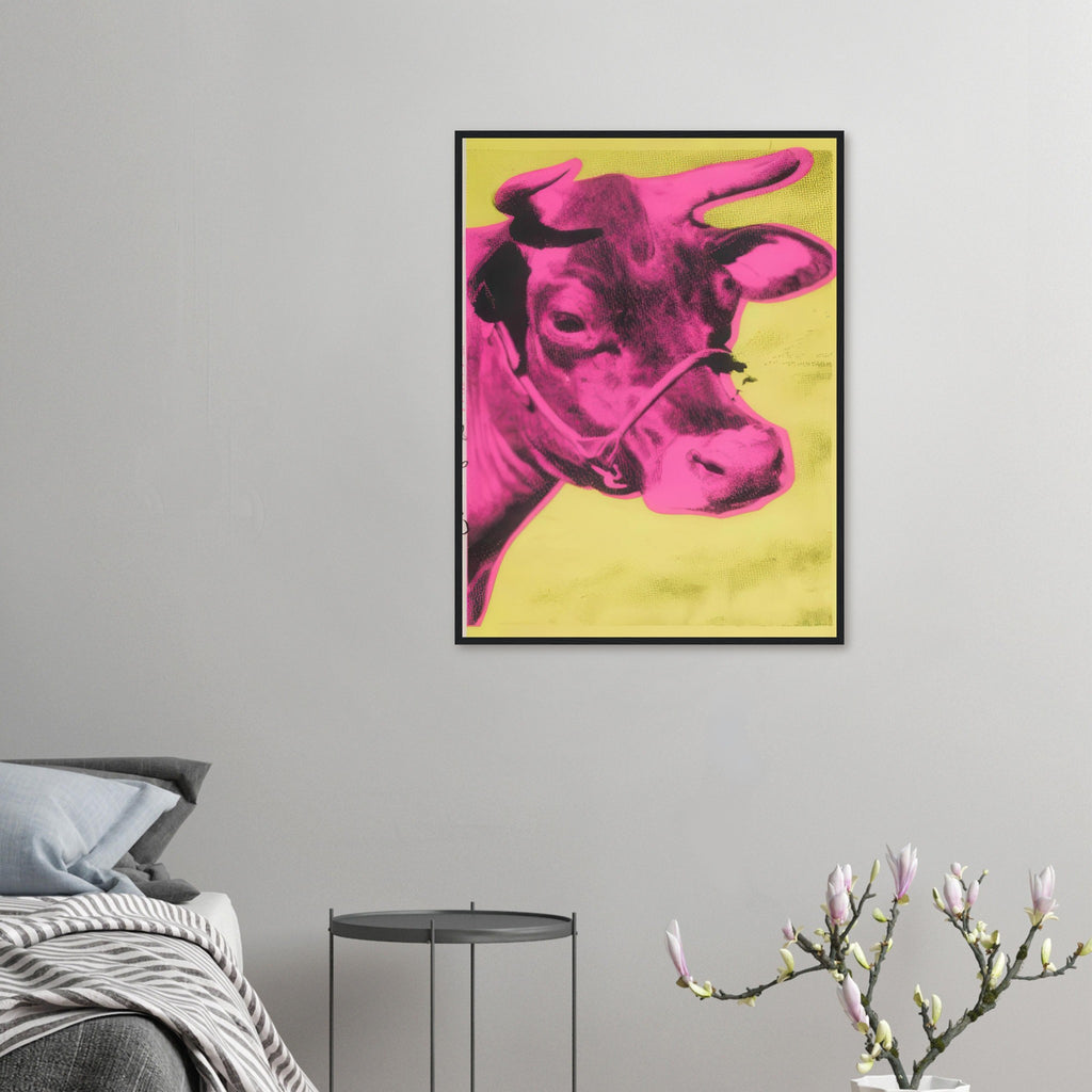 Andy Warhol framed print depicting the cow’s face becomes a bold graphic presence, replacing the gentle mood of traditional animal painting with irreverent visual impact