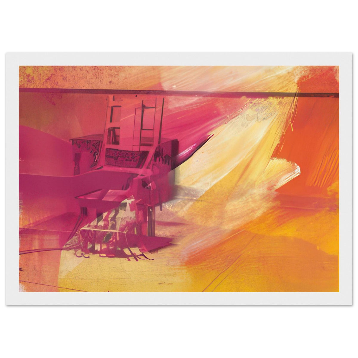 Andy Warhol framed print depicting the stark chair, its surroundings and the tense emptiness of the room, a detail that connects the composition to its broader artistic subject, white frame, 21x29.7 cm / 8x12"