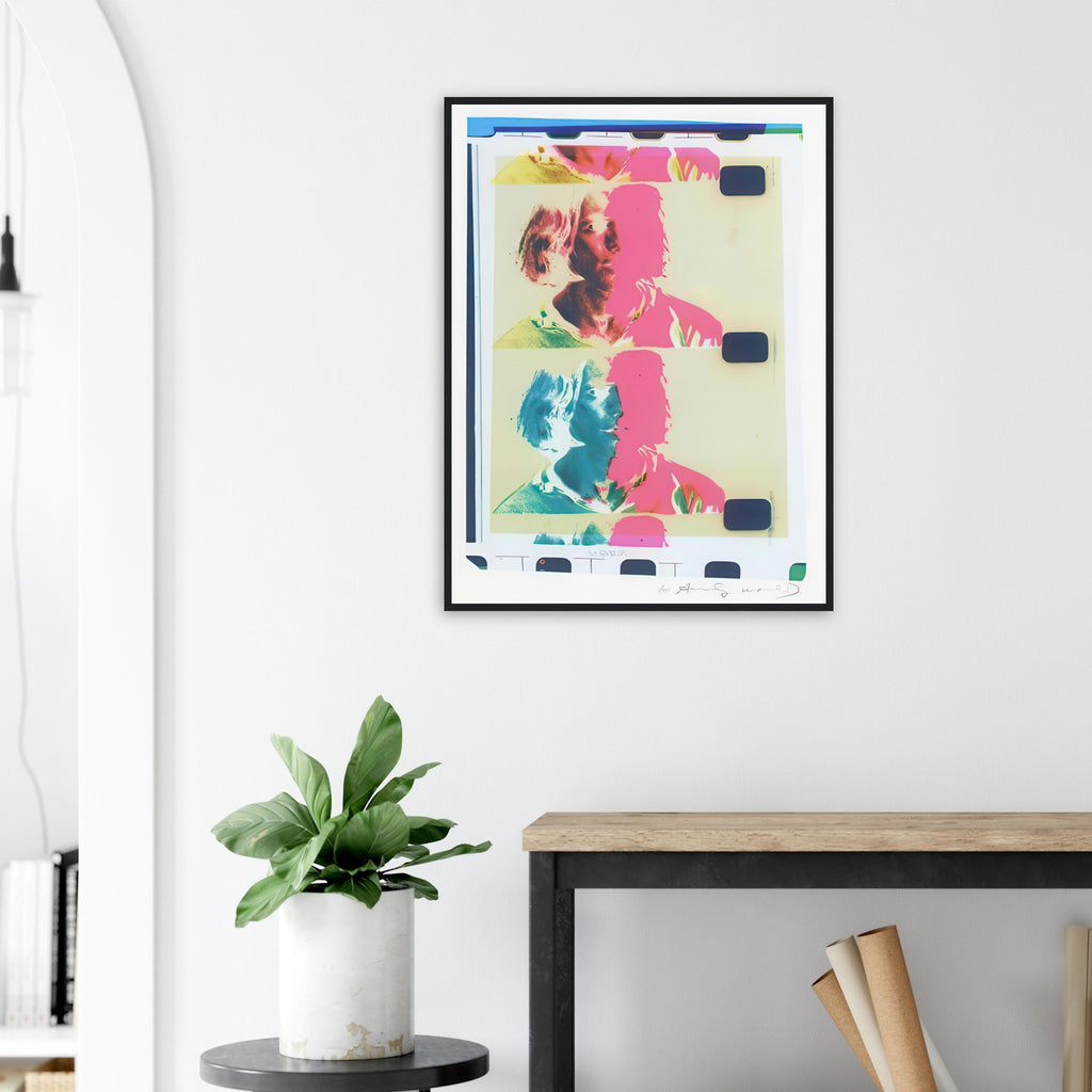 Andy Warhol framed print depicting a film-culture portrait becomes a compact, evocative design that resonates with the performance and photographic interests of Warhol’s New York scene