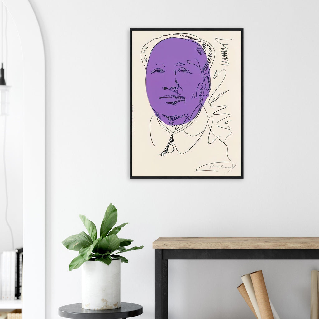 Andy Warhol framed print depicting the official frontal likeness becomes the foundation for freely manipulated colour; Warhol’s Mao portraiture grew from the vast circulation of the Chinese leader’s official image and the