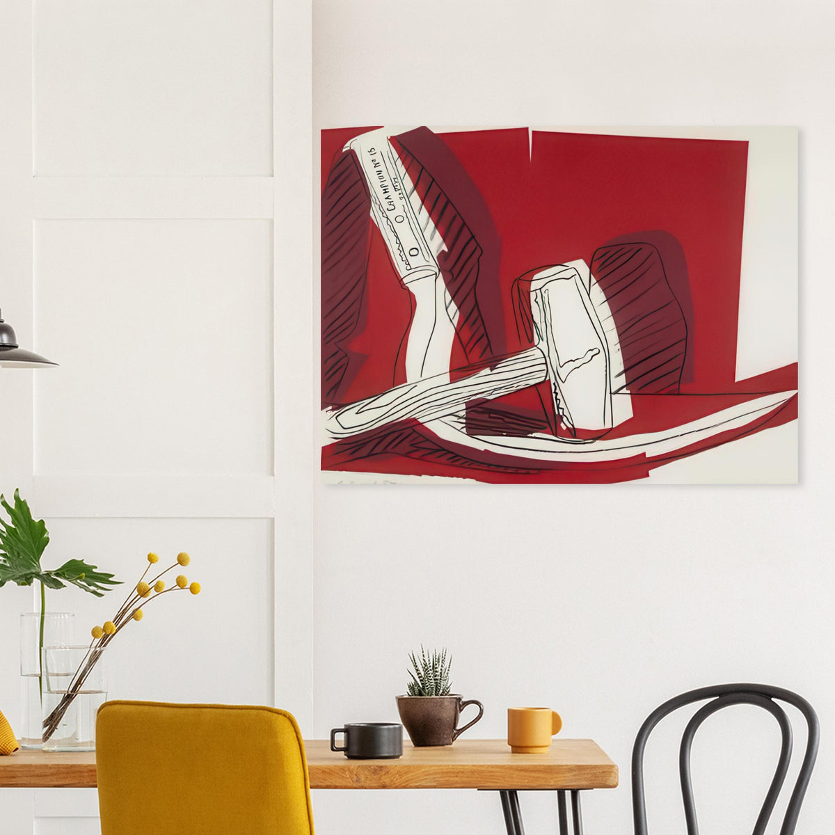 Andy Warhol poster depicting the industrial hammer and curved sickle as emphatic, intersecting shapes, a detail that connects the composition to its broader artistic subject