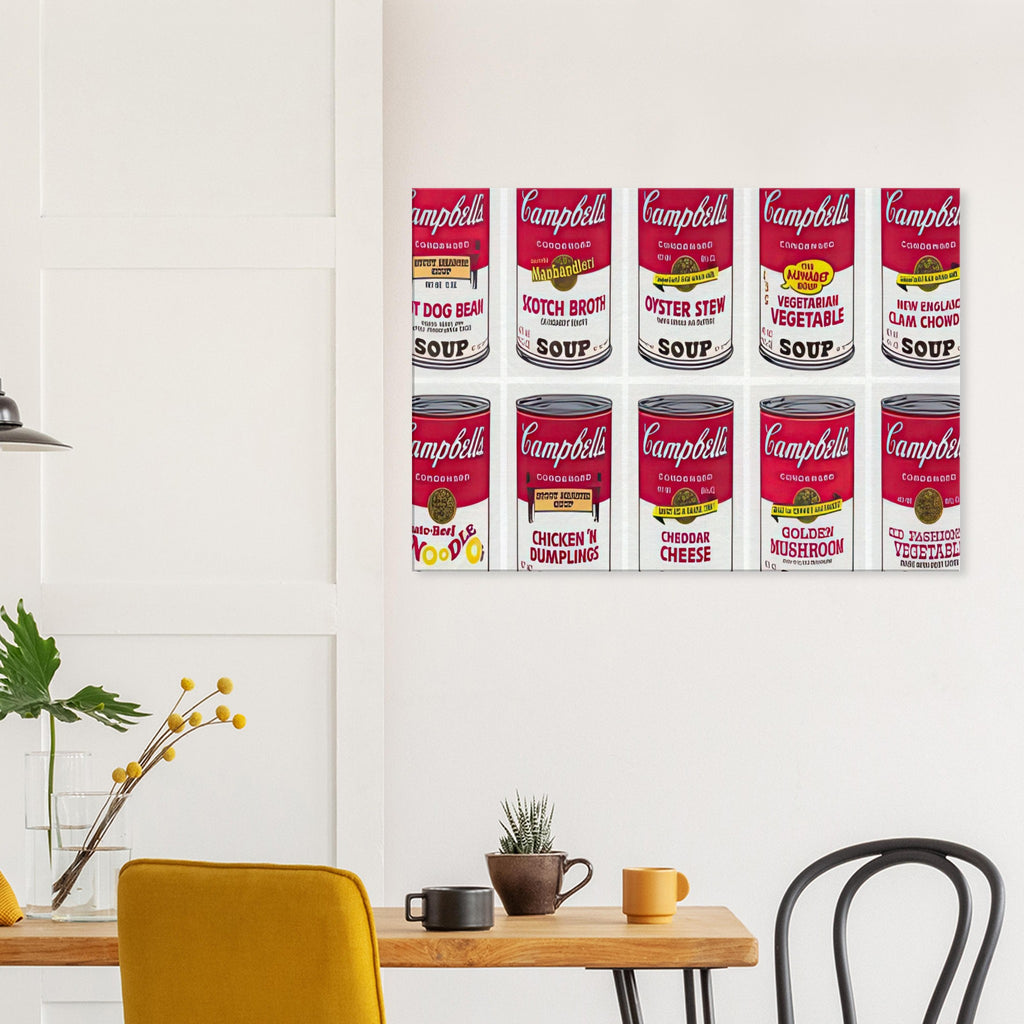 Andy Warhol canvas print depicting repeated supermarket soup packaging and familiar red-and-white labels, a detail that connects the composition to its broader artistic subject