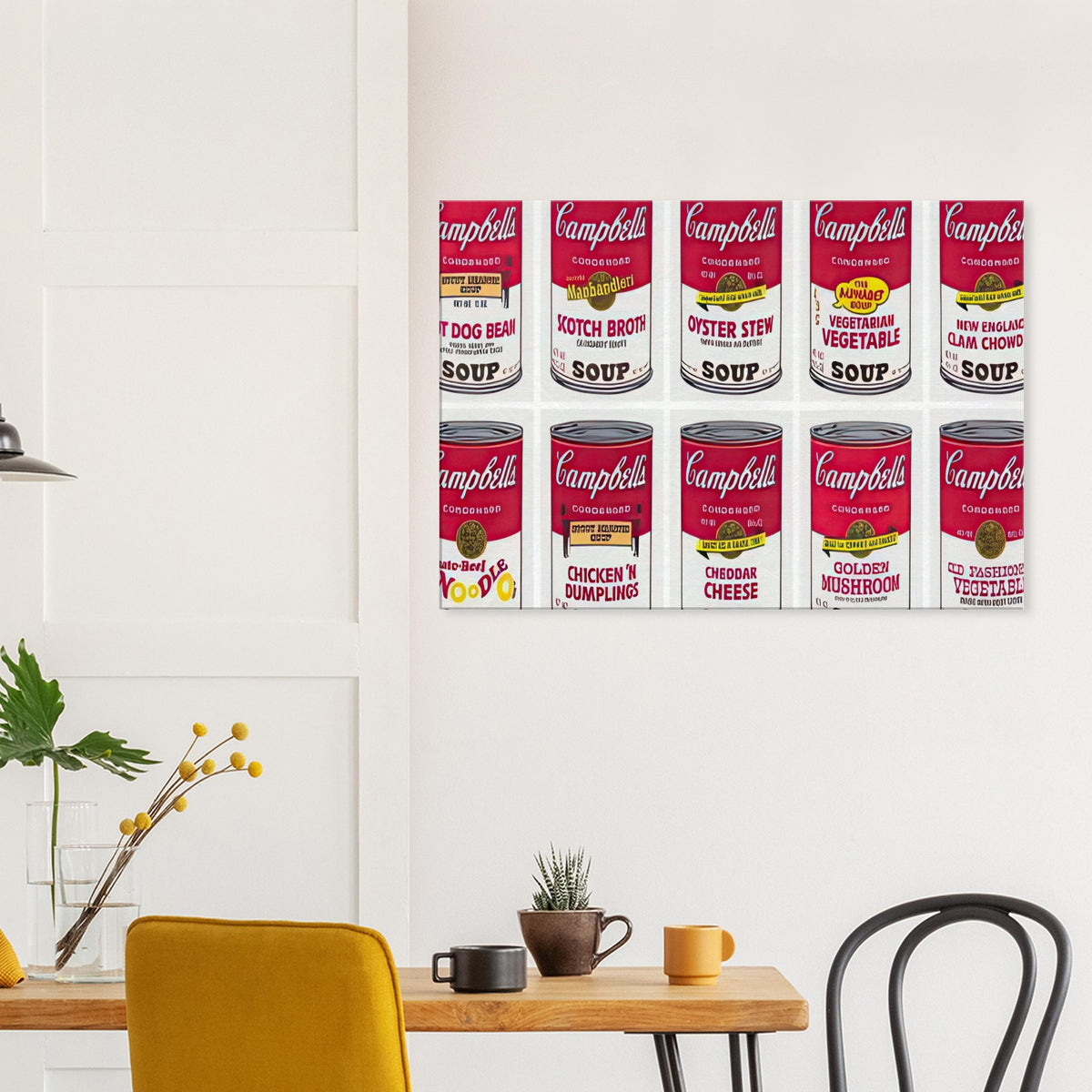 Andy Warhol canvas print depicting repeated supermarket soup packaging and familiar red-and-white labels, a detail that connects the composition to its broader artistic subject