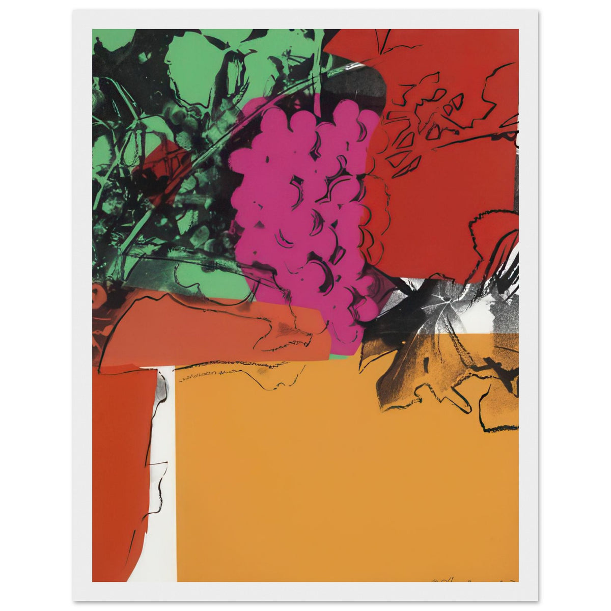 Andy Warhol framed print depicting rounded grape forms and flowing stems provide a decorative rhythm, while the composition feels more graphic than naturalistic, white frame, 27x35 cm / 11x14″