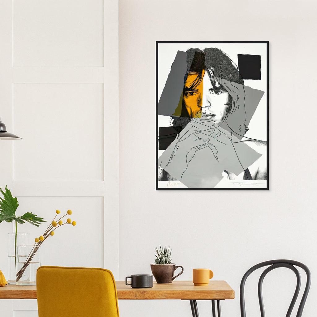 Andy Warhol framed print depicting photographic tones are interrupted by hand-drawn contours, selective colour blocks and cropped facial and bodily details; Warhol’s ten Mick Jagger portraits followed a long friendship with the Rolling Stones singer, including