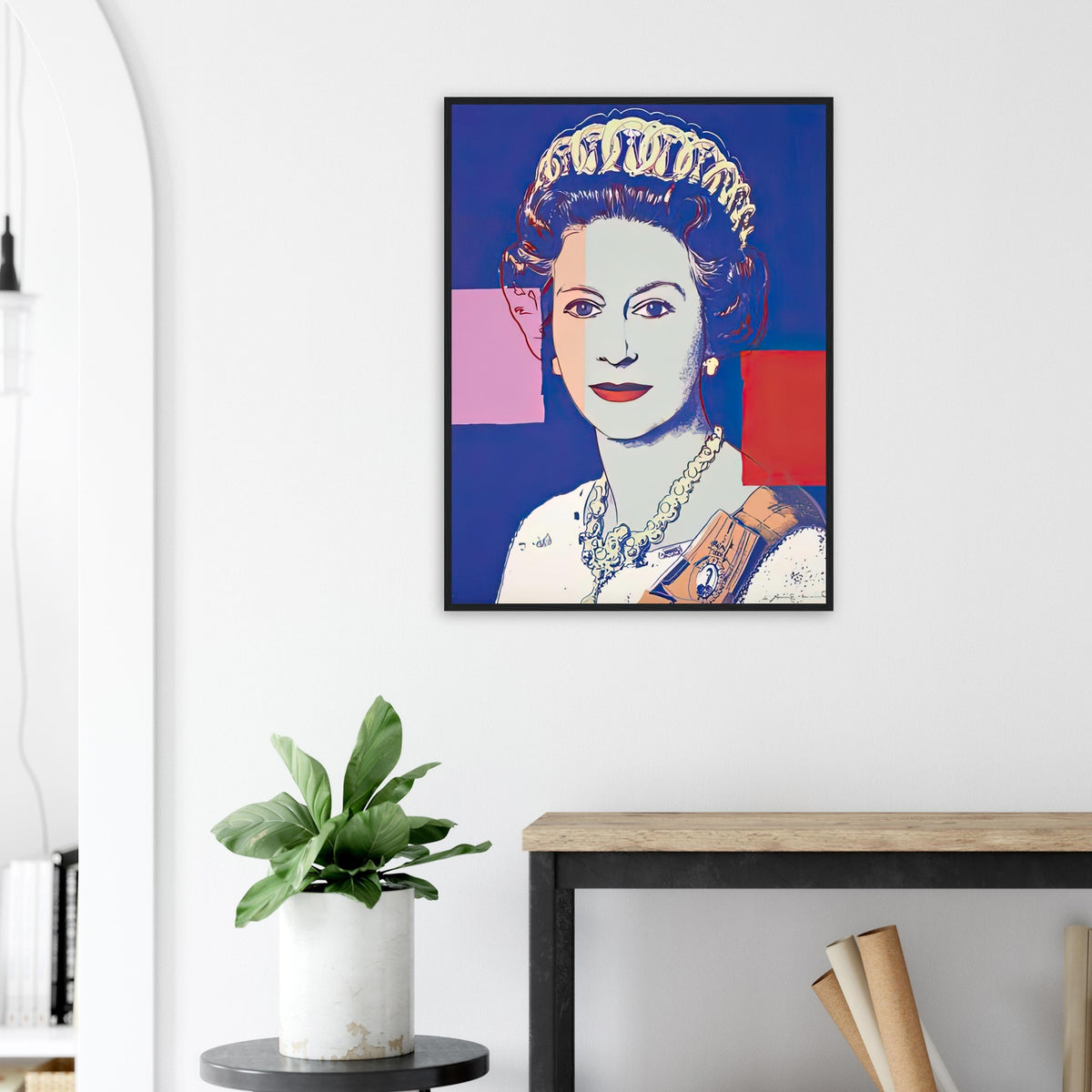 Andy Warhol framed print depicting this work depicts Queen Elizabeth II of the United Kingdom; The Reigning Queens portfolio presented four women who held ruling power in their own right: Elizabeth