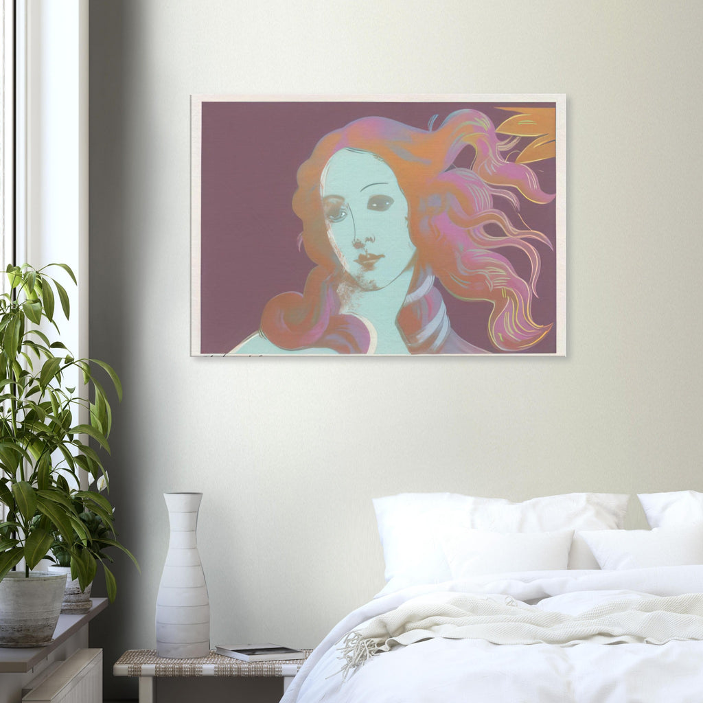 Andy Warhol canvas print depicting venus emerging from the sea in a detail from the Renaissance painting, a detail that connects the composition to its broader artistic subject