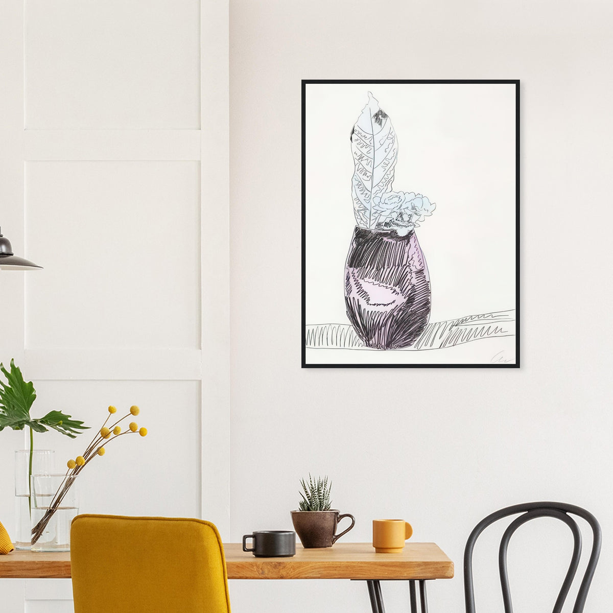 Andy Warhol framed print depicting the design highlights the relationship between compact petals, organic contours and deliberately graphic printmaking marks