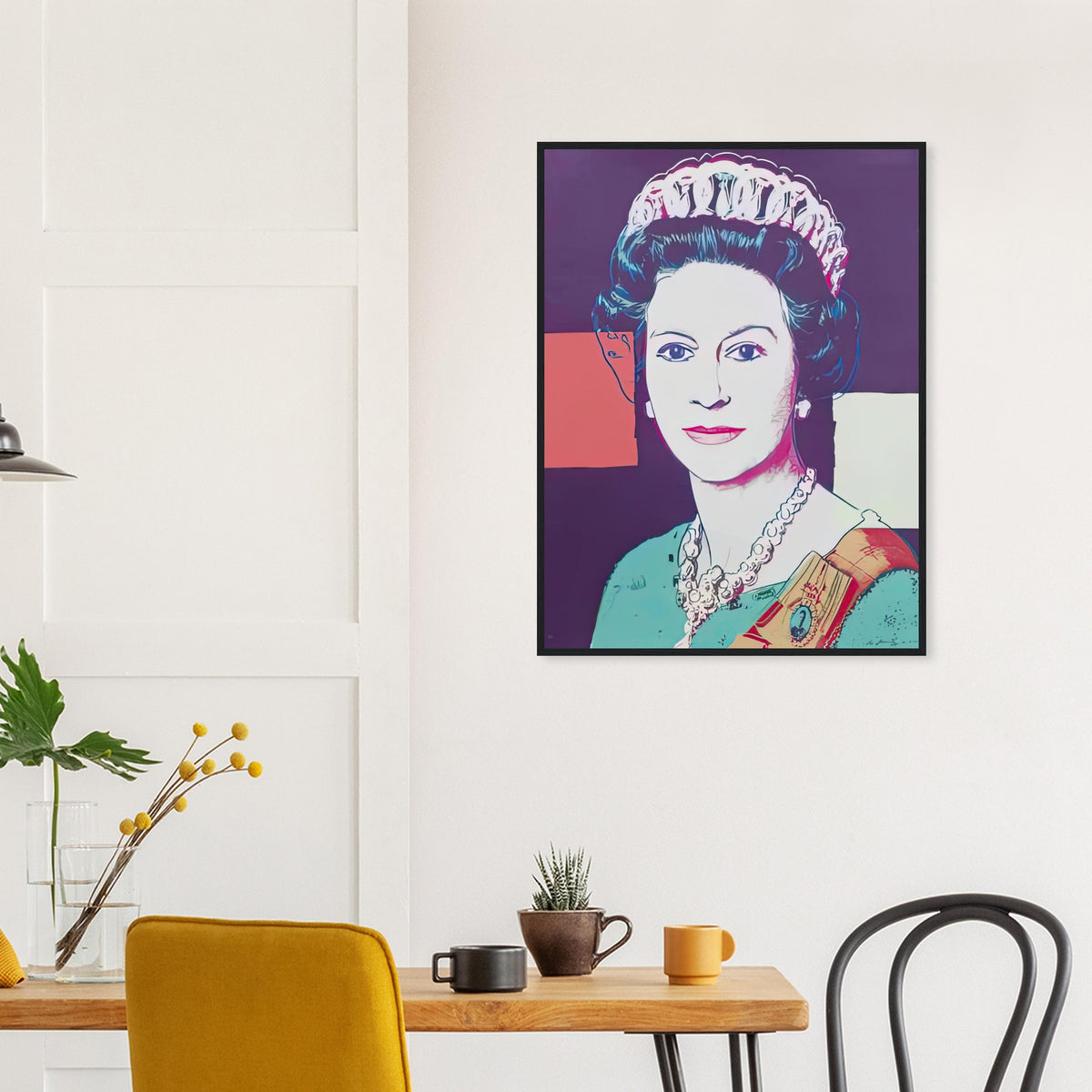 Andy Warhol framed print depicting a pale frontal face and detailed royal jewellery are set against blue, pink and red geometric fields; The Reigning Queens portfolio presented four women who held ruling power in their own right: Elizabeth