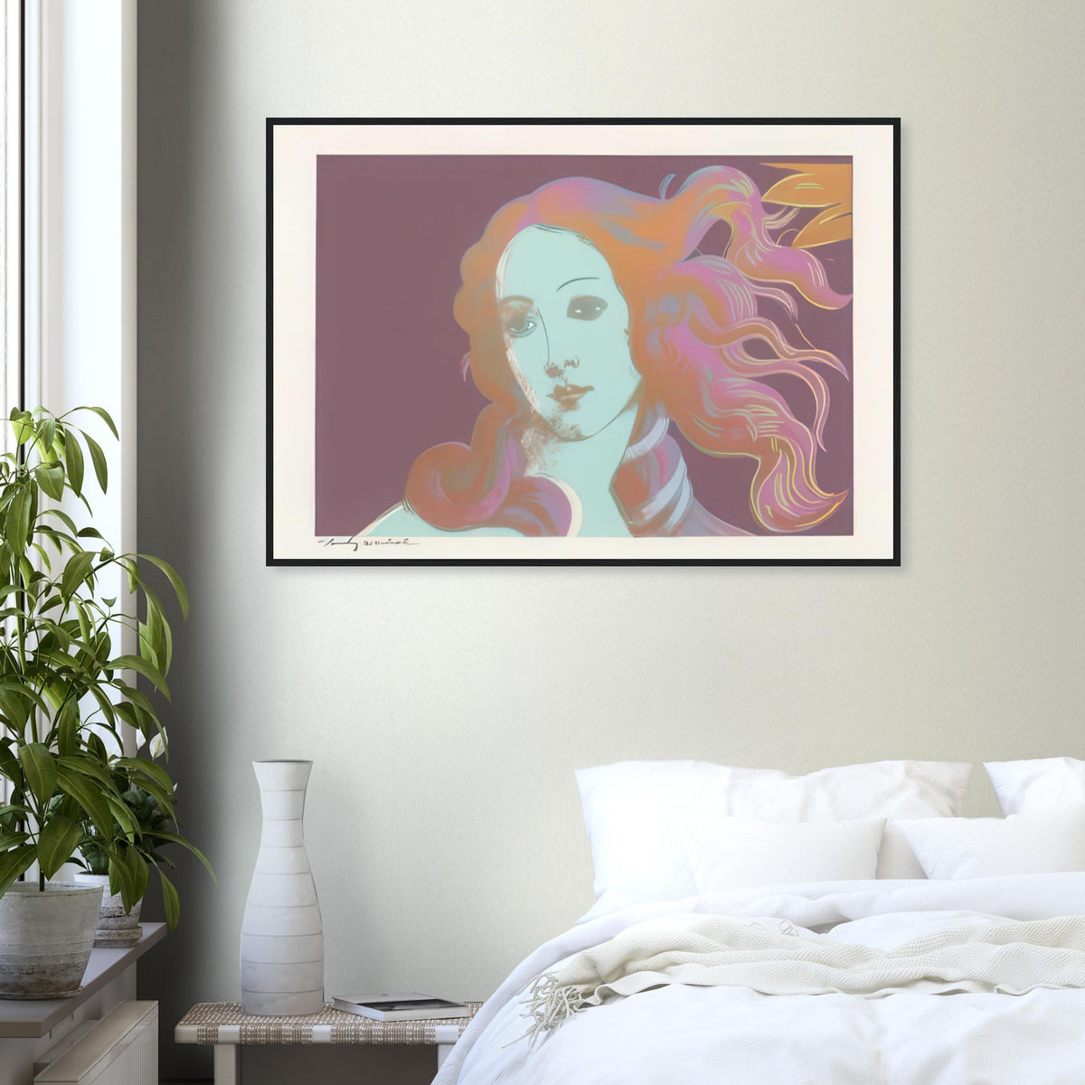 Andy Warhol framed print depicting venus emerging from the sea in a detail from the Renaissance painting, a detail that connects the composition to its broader artistic subject
