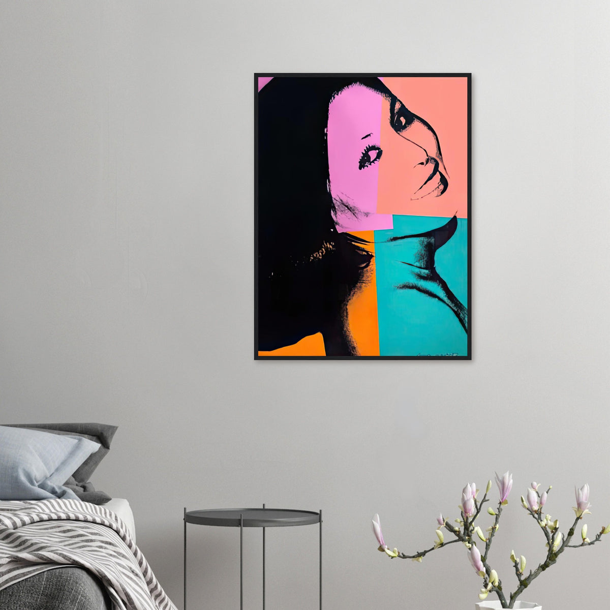 Andy Warhol framed print depicting pink, orange and turquoise blocks divide Sachiko’s relaxed, smiling photographic image into uneven sections; Sachiko Goodman, a New York real estate broker and art collector, was part of Warhol’s social circle