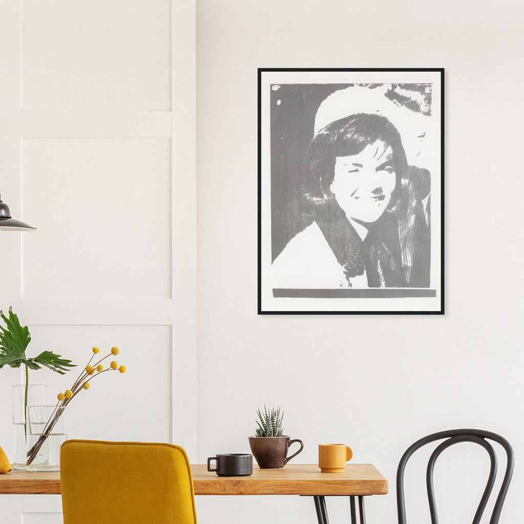 Andy Warhol framed print depicting the restrained crop emphasizes Jackie Kennedy’s face and its emotional resonance, demonstrating how a seemingly simple portrait can carry a powerful media history