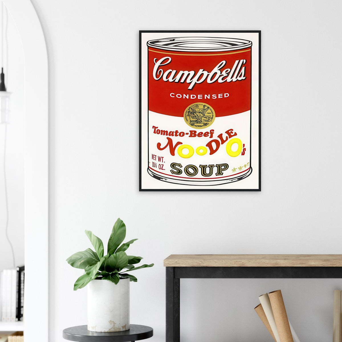 Andy Warhol framed print depicting the instantly legible soup-can silhouette, packaging lettering and product name create a highly recognizable commercial composition
