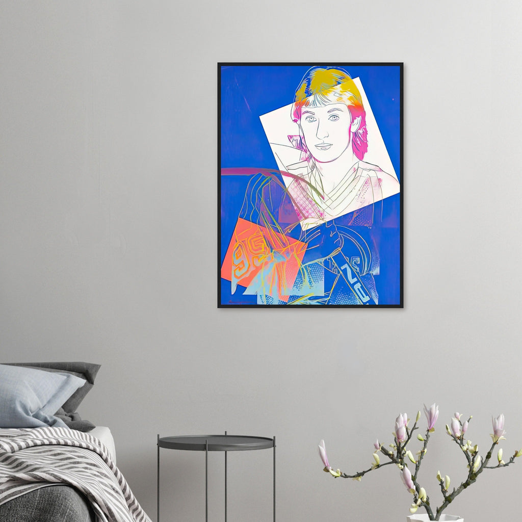 Andy Warhol framed print depicting a blue background and yellow linework frame layered imagery of Gretzky, emphasizing both his likeness and the rhythm of sport; Wayne Gretzky #99 presents the Canadian hockey player as a celebrity of sport