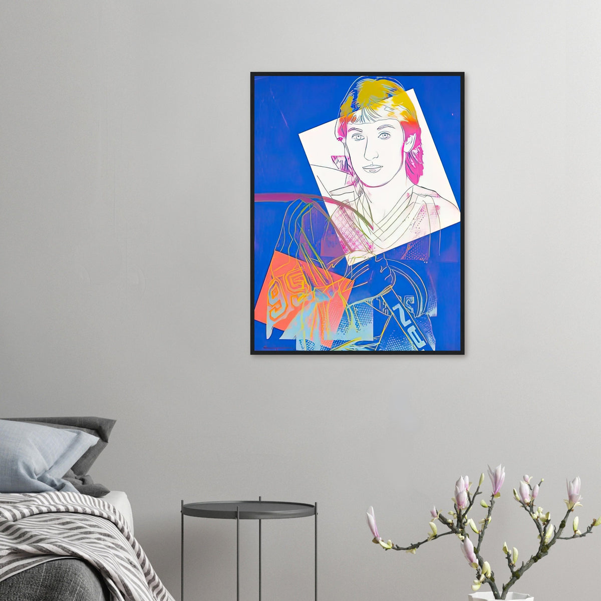 Andy Warhol framed print depicting a blue background and yellow linework frame layered imagery of Gretzky, emphasizing both his likeness and the rhythm of sport; Wayne Gretzky #99 presents the Canadian hockey player as a celebrity of sport