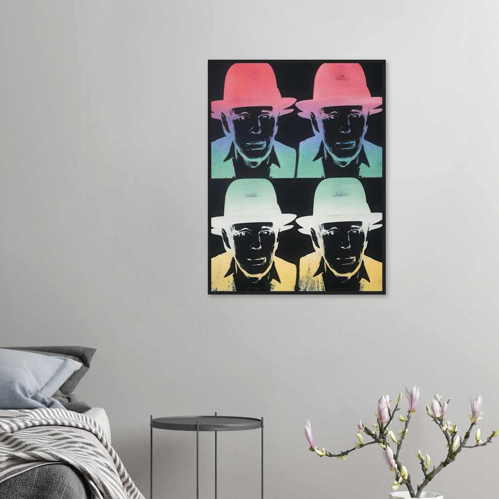 Andy Warhol framed print depicting beuys faces the viewer wearing his characteristic brimmed felt hat; Warhol portrayed fellow artist Joseph Beuys after photographing him in 1979