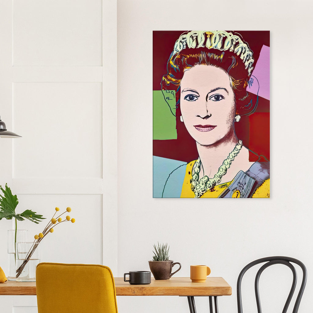 Andy Warhol canvas print depicting the recognizable royal portrait becomes a strong graphic focal point