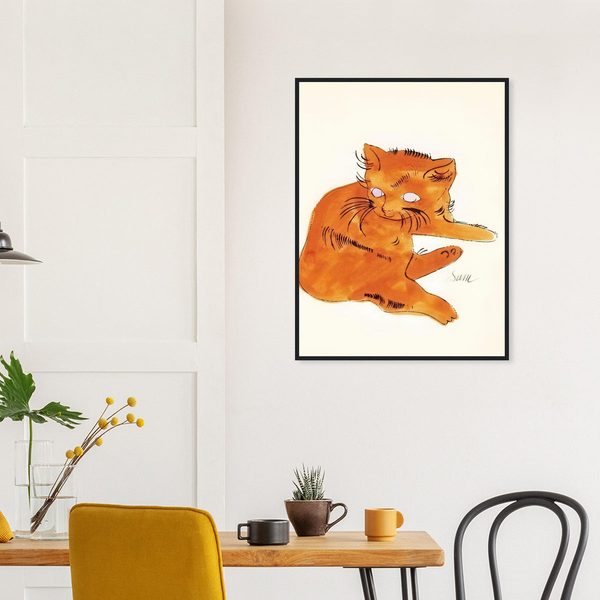 Andy Warhol framed print depicting a spare contour drawing gives the animal its personality, while uncomplicated forms keep the focus on the cat’s outline and pose