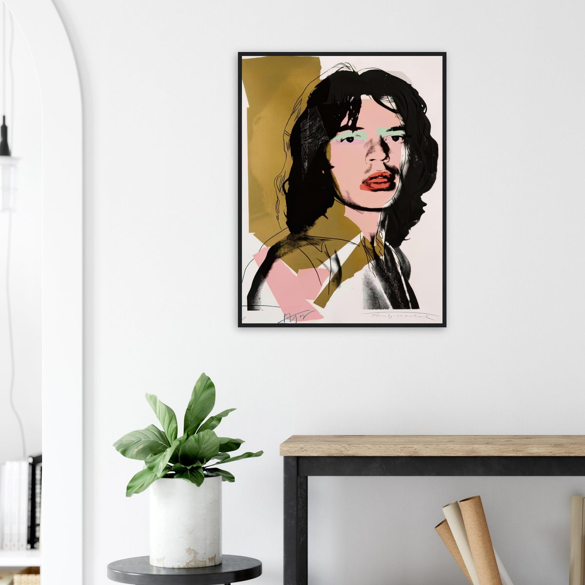 Andy Warhol framed print depicting photographic tones are interrupted by hand-drawn contours, selective colour blocks and cropped facial and bodily details; Warhol’s ten Mick Jagger portraits followed a long friendship with the Rolling Stones singer, including